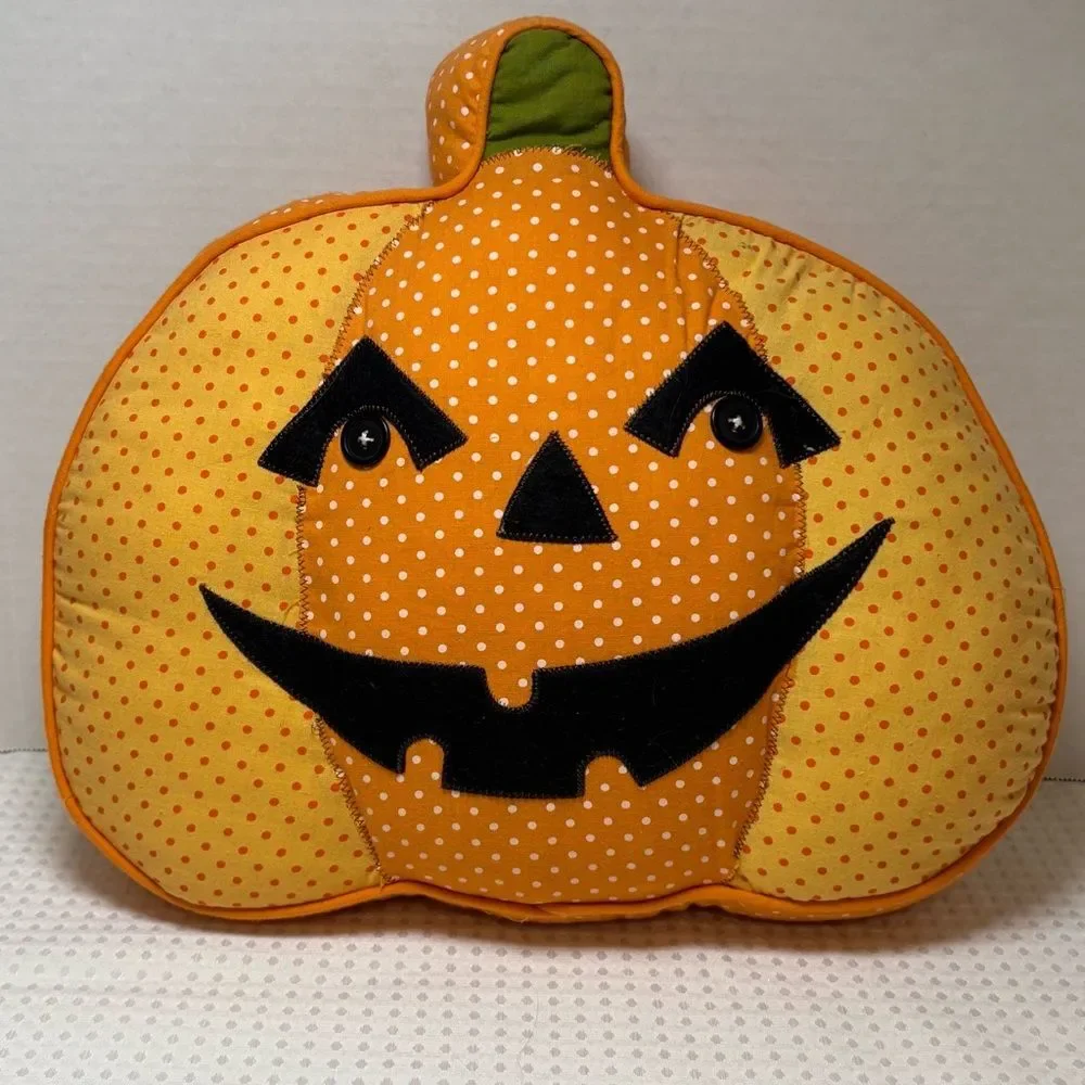 Happy Jack-O-Lantern Polka Dot Pumpkin Pillow